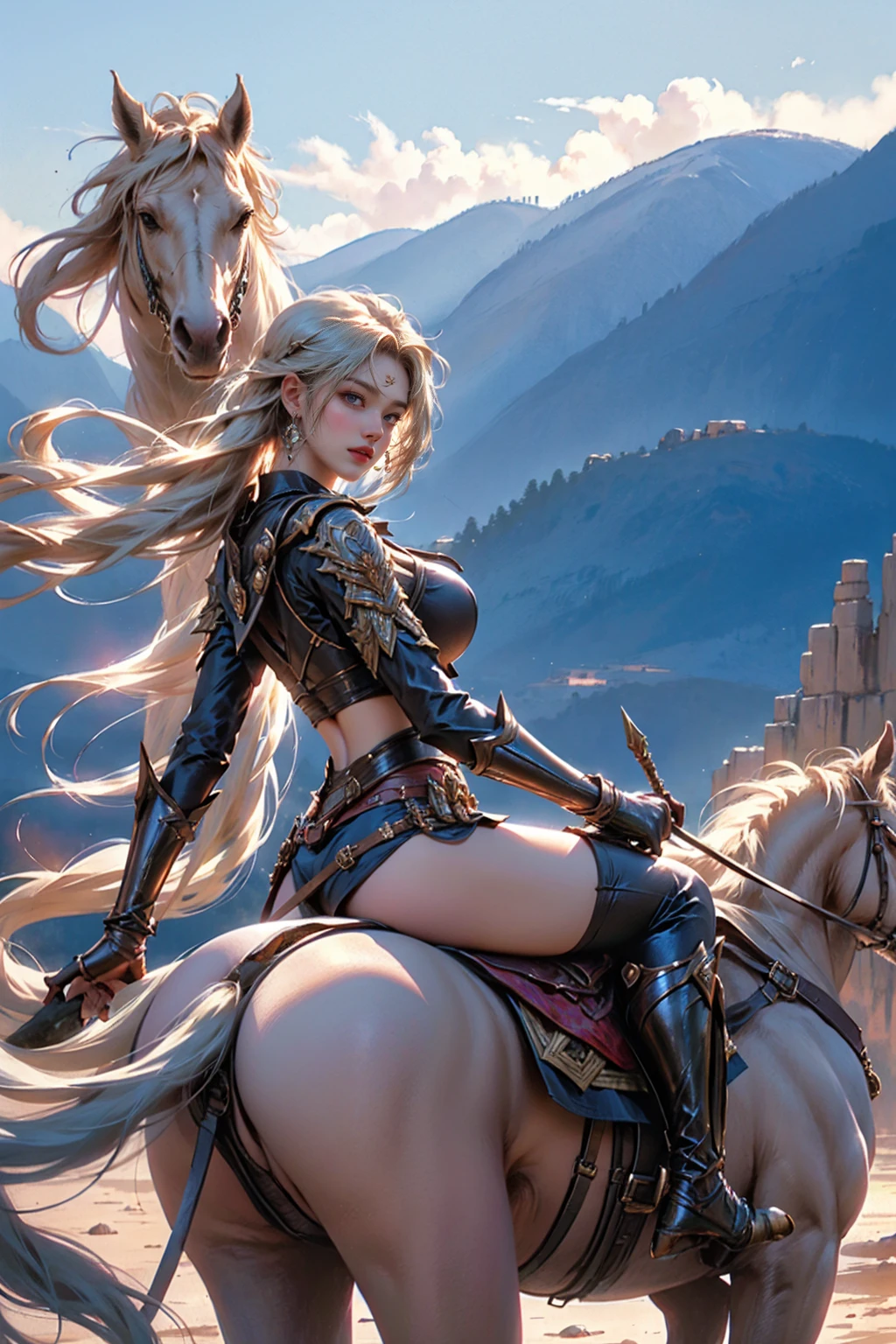fierce female warrior on horseback, wide angle shot, scenic background, high detail, epic, realistic, cinematic lighting, dynamic composition, by top fantasy artists, 4k resolution, masterpiece digital painting, photodromm, erotic, large breasts, hyperrealistic art, extremely high-resolution details, photographic, realism pushed to extreme, fine texture, incredibly lifelike
