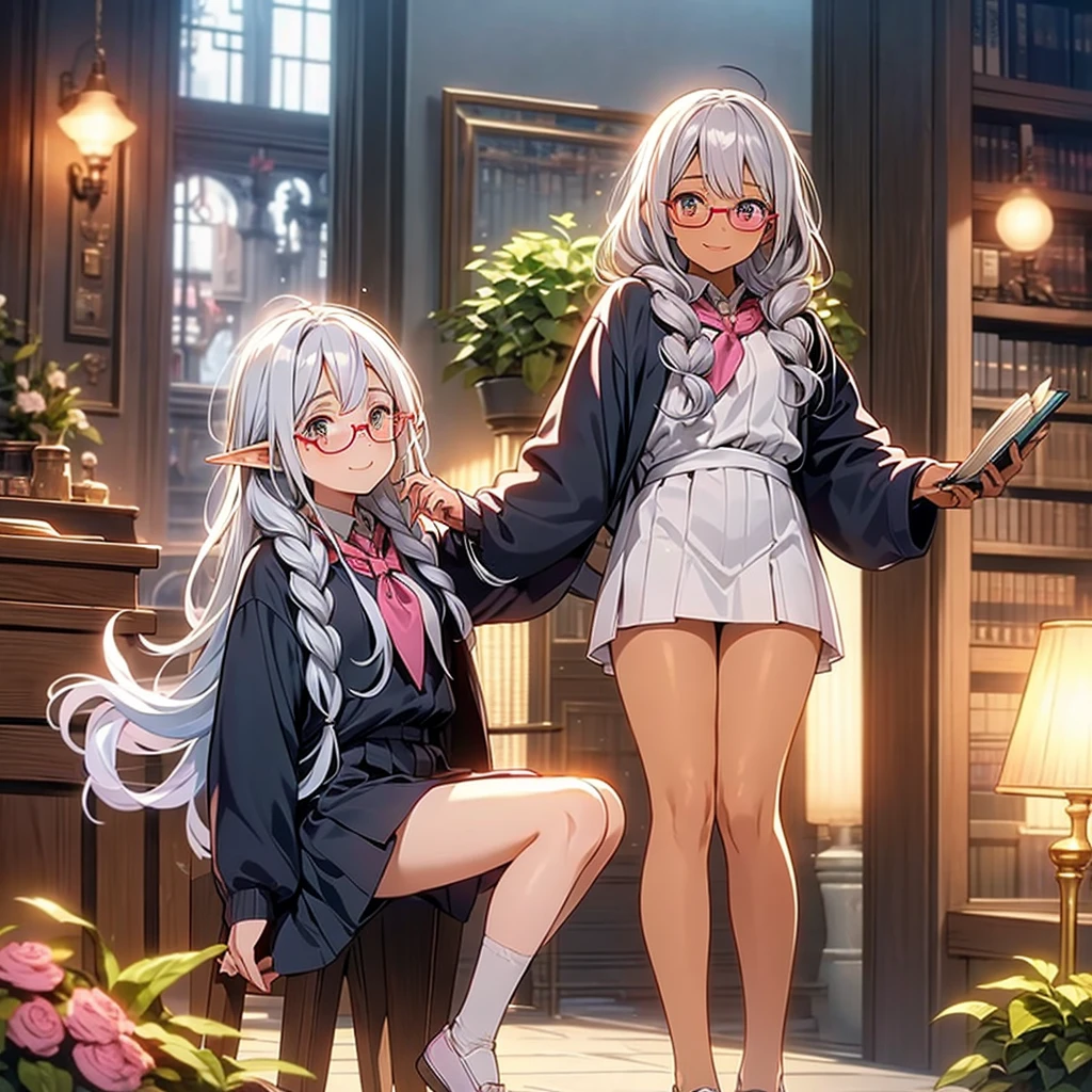 One elf girl, tanned black skin, beautiful golden eyes, beautiful silver hair, pointed ears, pink lips, upper body description, tied hair, high school girl, long-sleeved blazer uniform, i can see no panties, library, holding a book, under-rimmed glasses, looking at the viewer, smiling, blushing, looking up, being nice to the viewer, no panties, legs up, feet out of frame,legs together,long legs