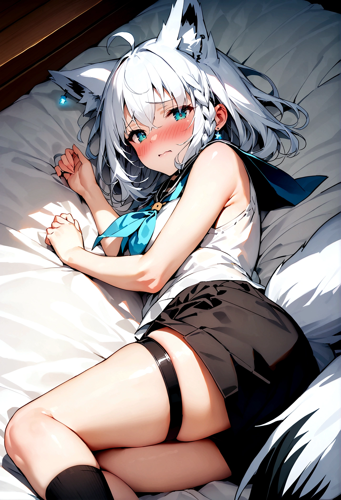 NSFW,masterpiece,Highest quality,High resolution,Super detailed,Snowstorm、Gray Hair、One-sided braid、Ahoge、Earrings、Fox Tail、fubuki_base、White blouse、Sleeveless、Black shorts、Blue neckerchief、Thigh straps、Single knee socks、White Hair、One side braided、Ahoge、Earrings、Fox&#39;s Tail,Embarrassed,Estrus,Lust,blush,Expecting face,lure,Girl&#39;s Room,bed,From above,Lying down