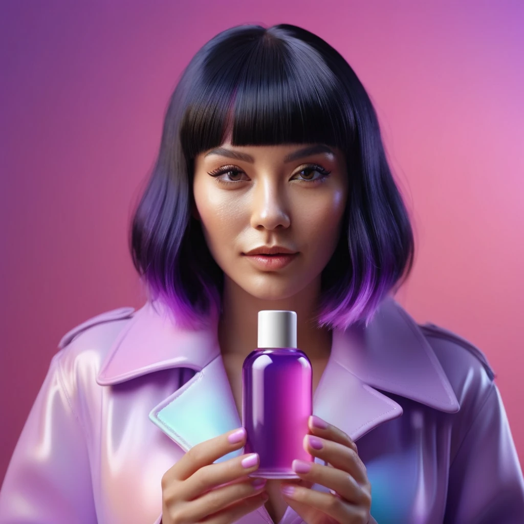smartphone in her hand, blackhair female hands holding massage oil to her face, that is glowing with pink and purple colours, dripping wet, closeup macro photo, minimalistic, in a light purple and pink style, with soft edges and blurred details, in the toycore style, with a 3D render, on a colorful background, with a minimalist stage design, in a surreal style, with a cinema4D rendering, with a minimalist style, with low saturation, using gradient colors, with a cinema4D rendering, with a blender rendering, with super detail, at a super high resolution, at a super high definition
