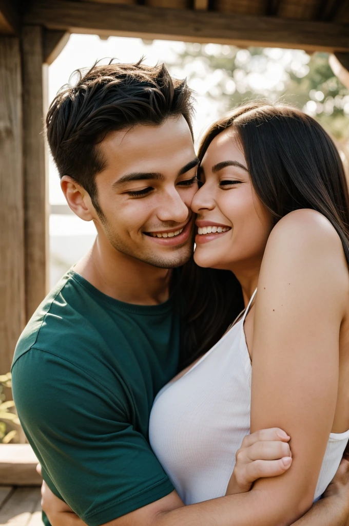 A couple is shown embracing each other, their faces pressed close and smiles lighting up their features. The emotion of love and affection is evident in their intertwined bodies and tender expressions.