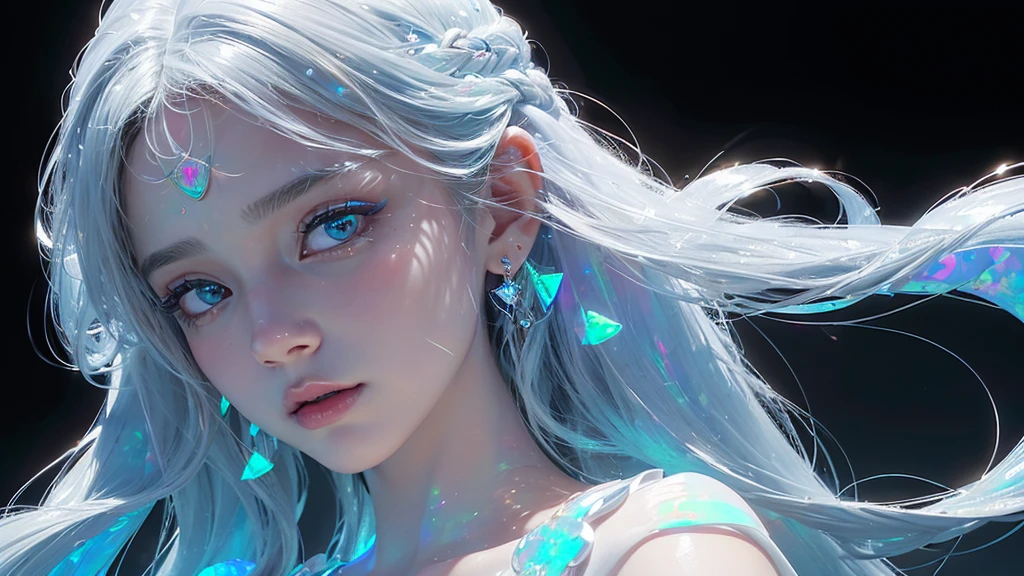 full hairs till shoulder  look fantasy A girl and dynamic glow reflecting on face long hairs looking at back half turned completely white background (illusion) (bioluminescent transparent(((opal knight girl))) ((very long hair)), featuring a (((black silhouette))), intricate details and opal glowing outlines that give off a (((softly glowing opal blue))), evoking a sense of mystery and fantasy (((8k, Ultra high definition, Intricate details, hyper realistic))) photo realistic, ((white background))howcasing a ((face))) in adorned with intricate ()), with a (((sophisticatedly drawn face))) that reflects a (((detailed, advanced styling process))), reminiscent of Arantza Sestayo and Gustav Doré, against a (((complex, surreal backdrop))) that defies the ordinary, with (((unusual creatures and fantastical elements))) that push the boundaries of reality, all set against a (((highly detailed, 8K environment))), where every detail is hyper-cute and precise plain white background