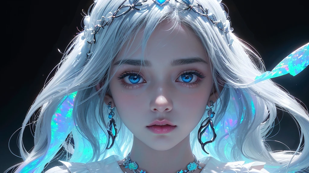 full hairs till shoulder look fantasy A girl and dynamic glow reflecting on face long hairs looking at back half turned completely white background (illusion) (bioluminescent transparent(((opal knight girl))) ((very long hair)), featuring a (((black silhouette))), intricate details and opal glowing outlines that give off a (((softly glowing opal blue))), evoking a sense of mystery and fantasy (((8k, Ultra high definition, Intricate details, hyper realistic))) photo realistic, ((white background))howcasing a ((face))) in adorned with intricate ()), with a (((sophisticatedly drawn face))) that reflects a (((detailed, advanced styling process))), reminiscent of Arantza Sestayo and Gustav Doré, against a (((complex, surreal backdrop))) that defies the ordinary, with (((unusual creatures and fantastical elements))) that push the boundaries of reality, all set against a (((highly detailed, 8K environment))), where every detail is hyper-cute and precise plain white background