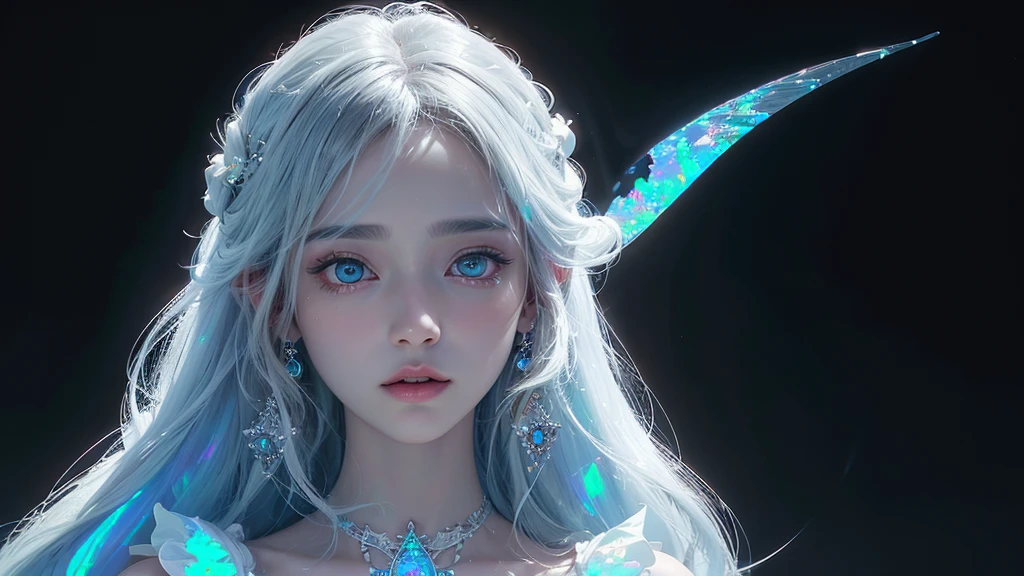 full hairs till shoulder  look fantasy A girl and dynamic glow reflecting on face long hairs looking at back half turned completely white background (illusion) (bioluminescent transparent(((opal knight girl))) ((very long hair)), featuring a (((black silhouette))), intricate details and opal glowing outlines that give off a (((softly glowing opal blue))), evoking a sense of mystery and fantasy (((8k, Ultra high definition, Intricate details, hyper realistic))) photo realistic, ((white background))howcasing a ((face))) in adorned with intricate ()), with a (((sophisticatedly drawn face))) that reflects a (((detailed, advanced styling process))), reminiscent of Arantza Sestayo and Gustav Doré, against a (((complex, surreal backdrop))) that defies the ordinary, with (((unusual creatures and fantastical elements))) that push the boundaries of reality, all set against a (((highly detailed, 8K environment))), where every detail is hyper-cute and precise plain white background