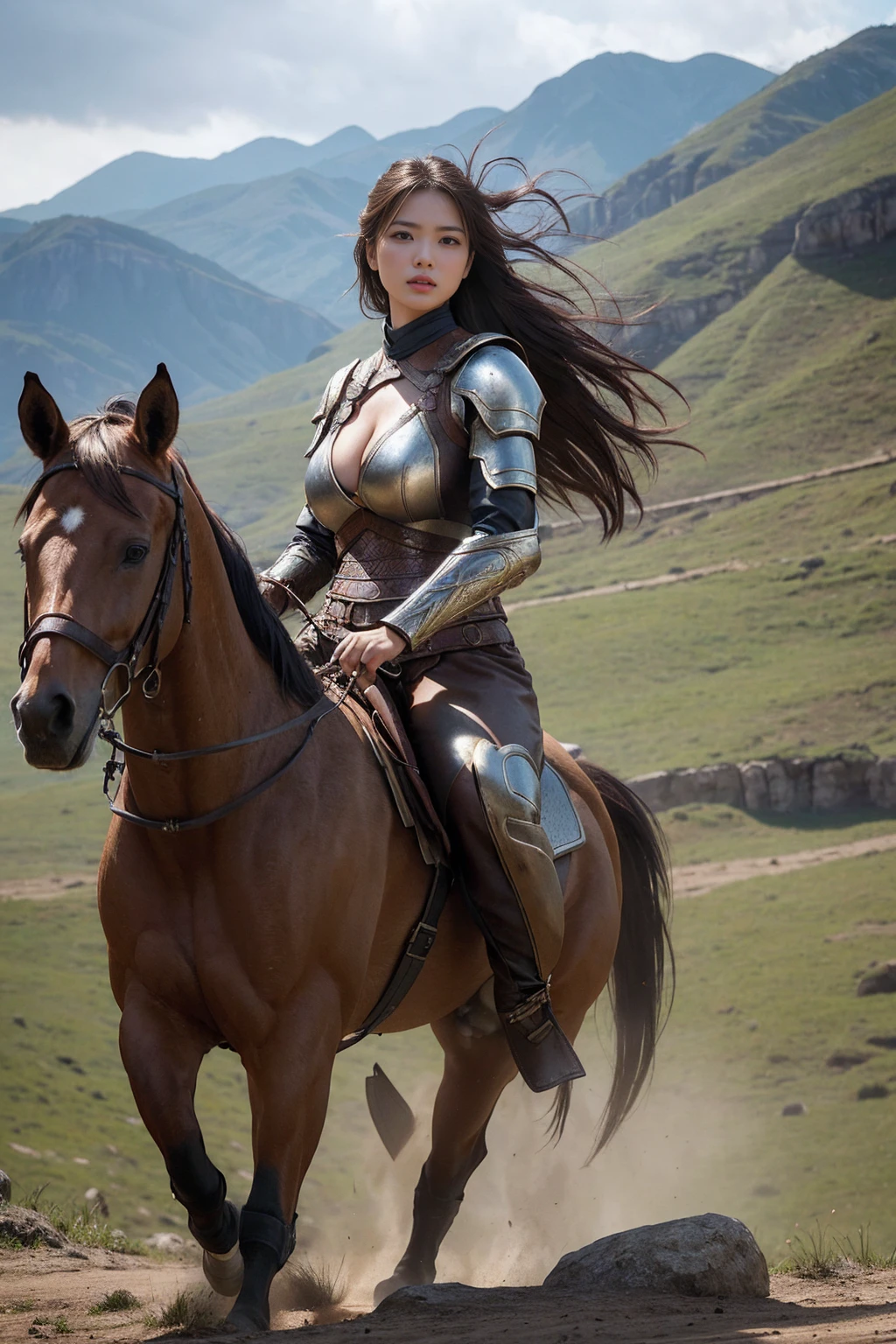 fierce female warrior on horseback, wide angle shot, scenic background, high detail, epic, realistic, cinematic lighting, dynamic composition, by top fantasy artists, 4k resolution, masterpiece digital painting, photodromm, erotic, large breasts, hyperrealistic art, extremely high-resolution details, photographic, realism pushed to extreme, fine texture, incredibly lifelike