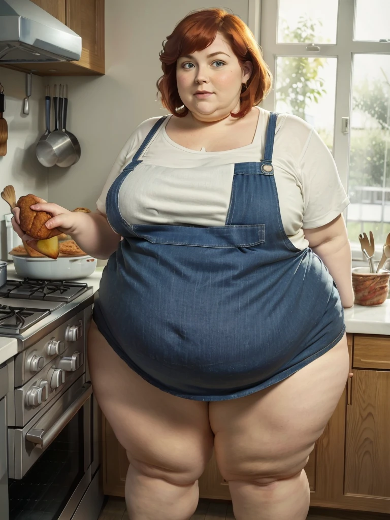 A muffin-baking photo of a middle-aged beautiful bottom heavy tradwife redhead ssbbw with pear-bodyhape, extreme wide hips, with short ginger hair soft fat belly, extremely wide fat obese hips, very obese legs, thick fat wide legs and fat arms, huge wide butt, cute pretty face, small breasts, blue eyes, freckles, in a long cooking apron in a kitchen, makeing lot ot muffins