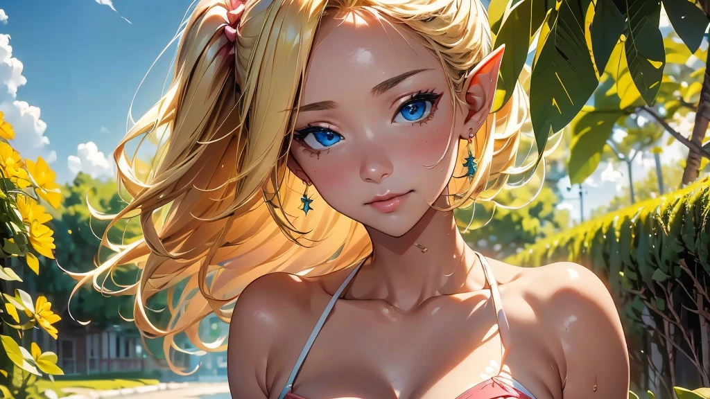 Elf、Colorful swimsuit in reggae colors、Portrait of a beautiful  girl , detailedな背景画、The gesture of pulling up the hair、Blue Eyes, detailedな目、detailedな手脚、Accentuate the cleavage、Tan Skin、Bright red lips, (masterpiece) (Highest quality) (detailed) (8K) (High resolution) (Cinema Lighting) (Sharp focus)、Blonde、(Inner Color: pink), ((blush: 0.8)), Natural skin texture, Transparent skin、Delicate, rolled up、luxury、whole body、A step back angle、