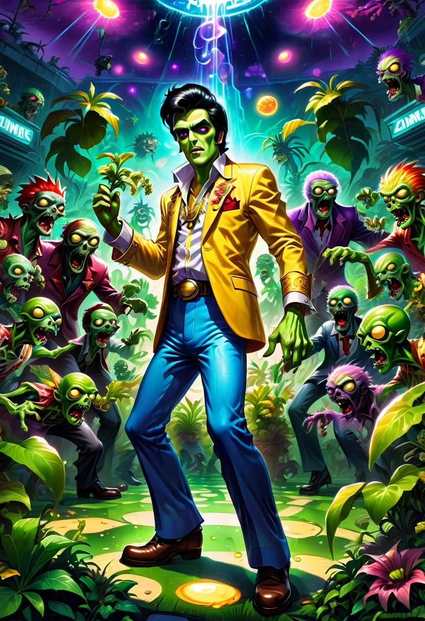 a Zombie dressed like Elvis Presley, hair, electric guitar, disco, game "Plants vs. Zombies", full body, cinematic still, cinemascope, best quality, masterpiece, very aesthetic, perfect composition, intricate details, ultra-detailed, vivid colors