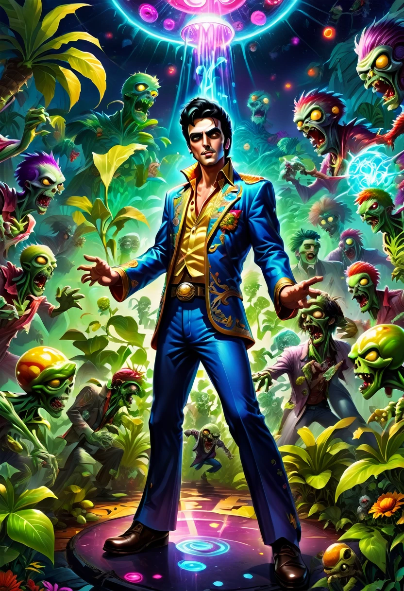 a disco Zombie dressed like Elvis Presley, Surrounded by dancing zombies, game "Plants vs. Zombies", full body, cinematic still, cinemascope, best quality, masterpiece, very aesthetic, perfect composition, intricate details, ultra-detailed, vivid colors