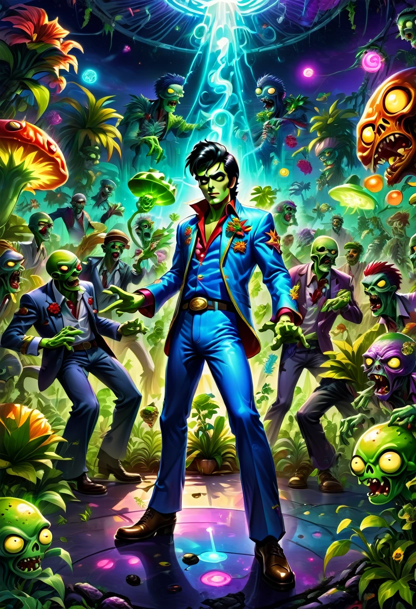 a Zombie dressed like Elvis Presley, hair, electric guitar, disco, game "Plants vs. Zombies", full body, cinematic still, cinemascope, best quality, masterpiece, very aesthetic, perfect composition, intricate details, ultra-detailed, vivid colors