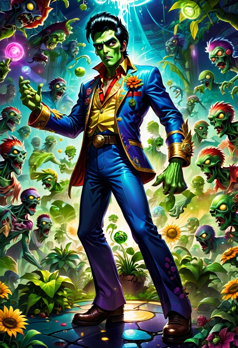 a Zombie dressed like Elvis Presley, hair, electric guitar, disco, game "Plants vs. Zombies", full body, cinematic still, cinemascope, best quality, masterpiece, very aesthetic, perfect composition, intricate details, ultra-detailed, vivid colors