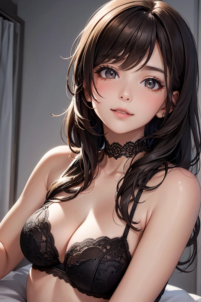 (Best Quality,High resolution,8K,finelity detailed background,Masterpiece:1.2),beautiful girl,Shiny brown hair,messy hair,Brown eyes,Gentle look,A refreshing look,Best quality,Best Quality,Aesthetic and aesthetic:1.2,Best details((Super detailed))(High-definition CG illustrations),Dark gray underwear (dark gray,intricate lace),Slender body,Late Night,Moonlit Night,Bedroom,On the bed,smile,blush,cute,Scrounge,Looking up,Being spoiled,super model,wariza,shoot from below