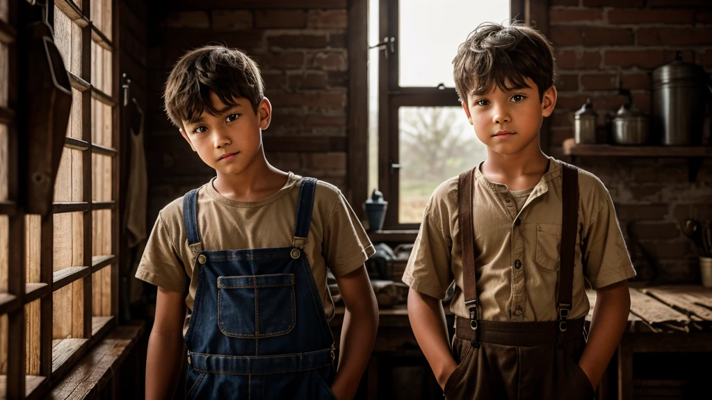 A young poor boy of 8- stands in a dimly lit, rustic room with wooden and brick walls. They have a serious expression and are wearing a loose beige shirt with suspenders. Moonlight streams through a dusty window, illuminating their face. In the background, there are tools, a workbench, a ladder, and other workshop items, night time, dark theme