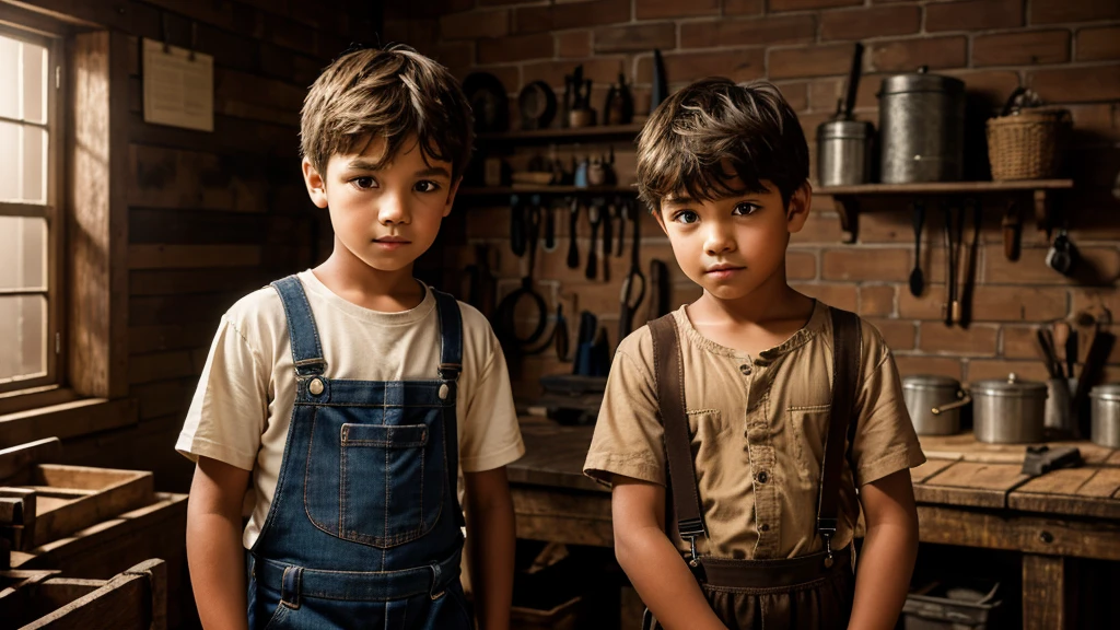 A young poor boy of 8-10 years old stands in a dimly lit, rustic room with wooden and brick walls. They have a serious expression and are wearing a loose beige shirt with suspenders. Moonlight streams through a dusty window, illuminating their face. In the background, there are tools, a workbench, a ladder, and other workshop items, night time, dark theme