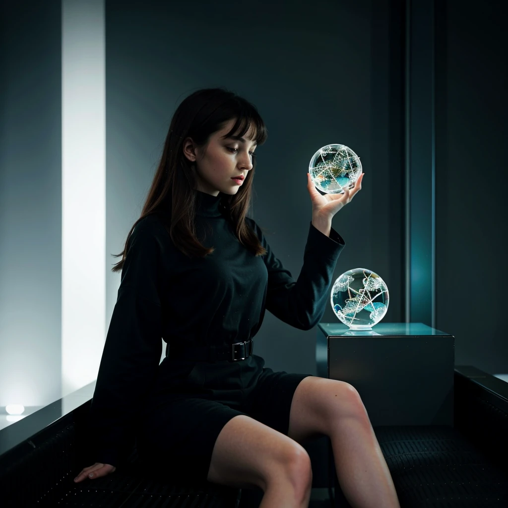 A fascinating oil painting shows a mysterious, sinister figure, who is sitting on a park bench and is lost in deep thought. She wears a white costume and holds a sparkling crystal ball in her hand. The retro-futuristic design of the site conveys an atmosphere from another time. The figurative design and the luminous elements radiate mysticism and contemplation, while the dark coloring hints at an unexplored world. The overall aesthetic effect combines elements from different eras and styles, LnF