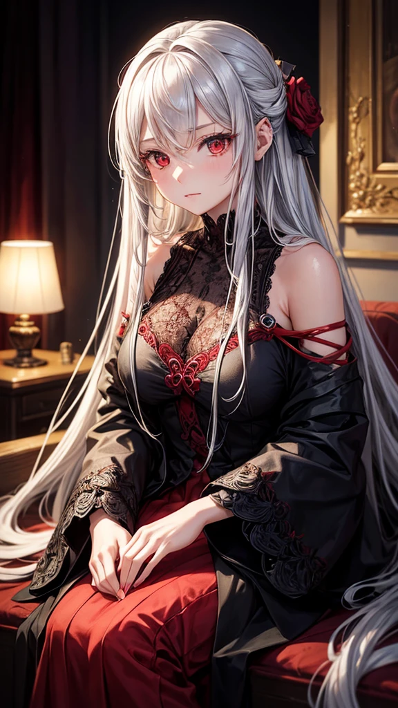 A young woman with long, flowing silver hair and piercing red eyes sits with her chin resting on her hand, gazing thoughtfully at the viewer. She is dressed in a red and black outfit with intricate details and a touch of lace, giving her a sophisticated and mysterious air. The lighting is warm and soft, highlighting her features and creating a sense of intimacy.

[Anime style, detailed and realistic, inspired by the works of Mihoyo and Pixiv artists], [soft lighting, warm colors, smooth textures, slight blur effect on the background, shallow depth of field]