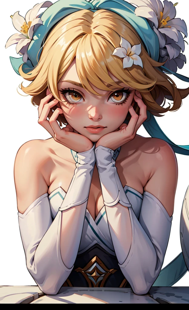 ((1girl, flower, Blond hair, white background)), upper body, anatomically correct, fixed hand, hand on chin, short hair, chibi