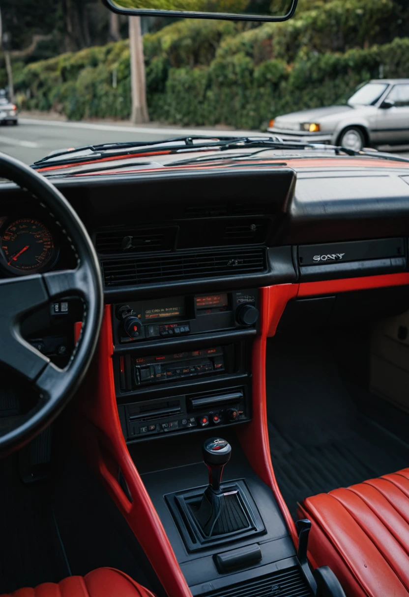 hyper realistic, Porch 944 turbo red, radio plan, car interior, driving through San Francisco, year 1986 Sony A7 II and 85mm f/1.8 GM lens