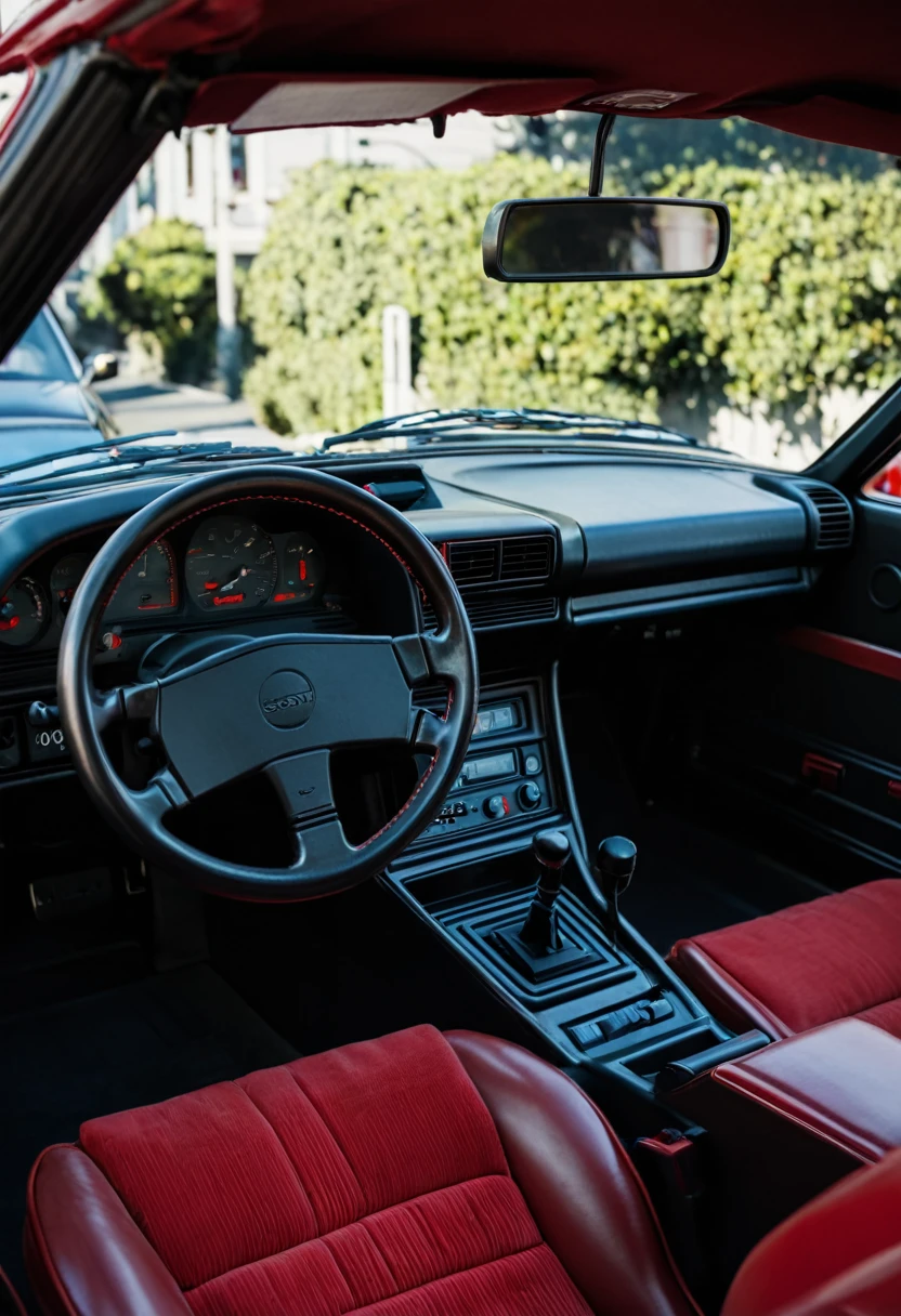 hyper realistic, Porch 944 turbo red, radio plan, car interior, driving through San Francisco, year 1986 Sony A7 II and 85mm f/1.8 GM lens