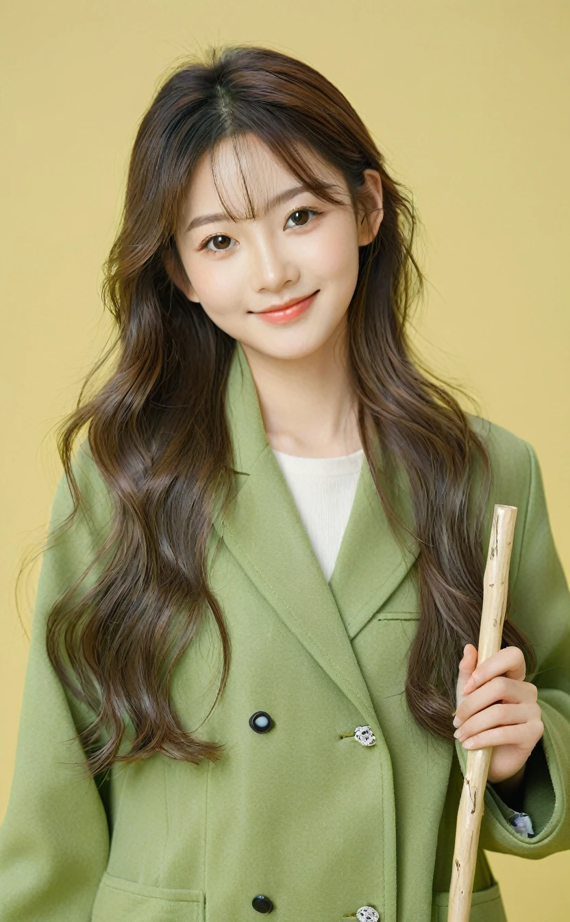 Realistic,Japanese young idol one girl portrait,Upper Body,Silvery, loosely wavy long hair,indoor,Holding a stick used by school teachers,Simple yellow-green background,smile,Tilting face,Wearing a green long coat,Popular Korean makeup,photoRealistic,