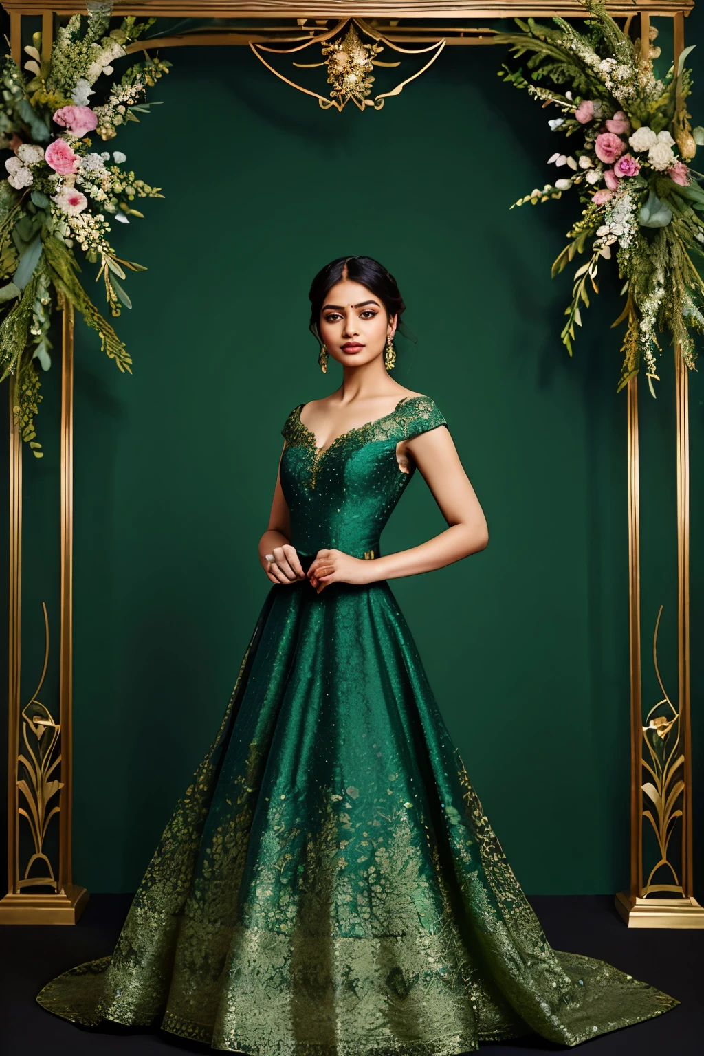 Indian woman in a green dress standing in front of a flowery background, Dark green dress, ornate dark green clothing, flowinggown, Green dress, dressed beautiful gown, Dark green tones, Dark green, an elegant green, beautiful flowing fabric, stunning elegant, extravagant dress, stunning elegant pose, elegant evening gowns!, flowy dress, graceful and elegant