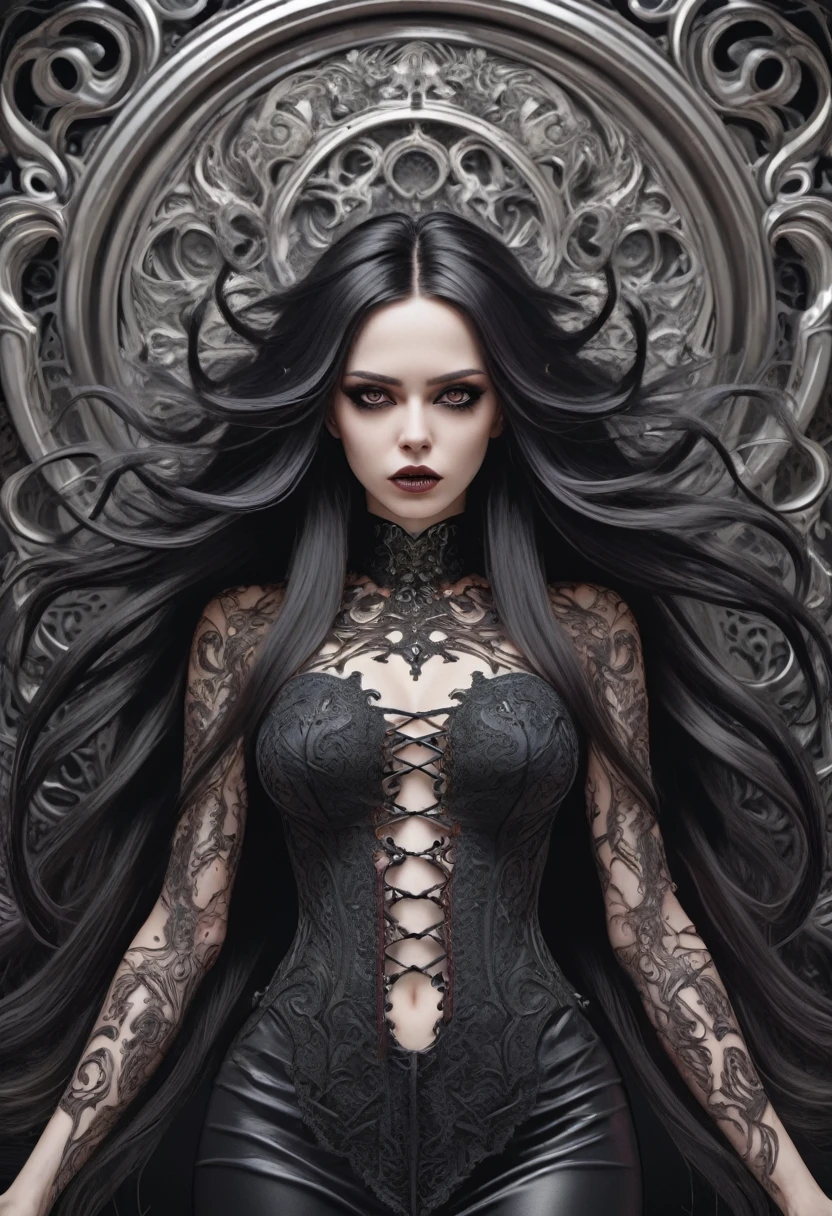 death metal style art design, hyperrealistic and hyperdetailed, overly ornate design, sexy style picture, dynamic art and hyperdetailed and hyperrealistic background, long flowing hair with, gothic elaborate design,  dynamic angle 