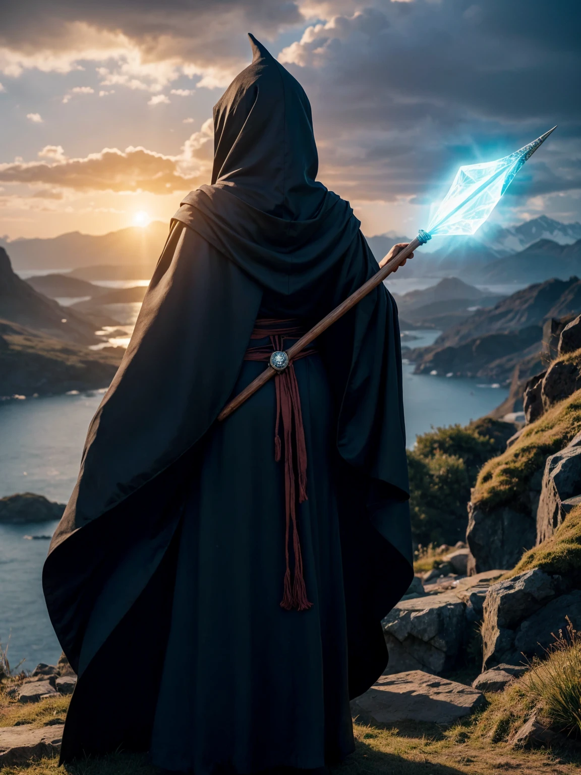 Witch woman from back and full body, looking to the horizon, with wizard's cloak, wizard's robes, with wooden staff and diamond tip, hooded cloak movement, ancient wizard's command and white background sunny day, sol panoramic