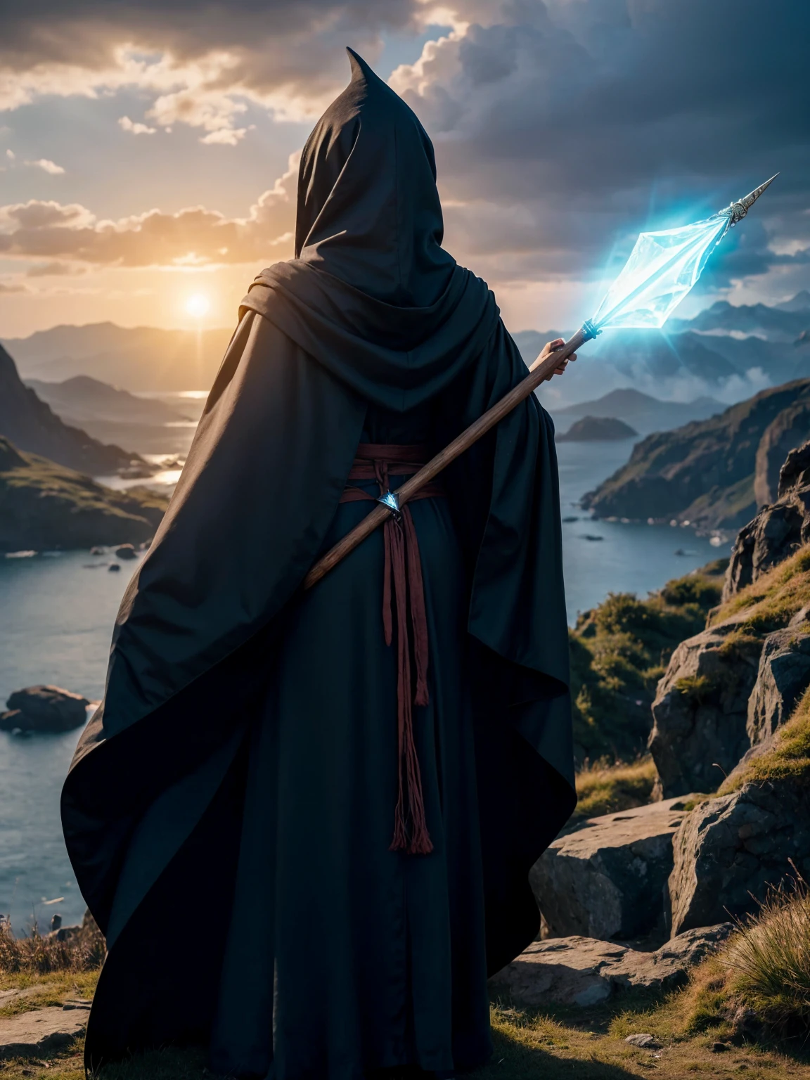 Witch woman from back and full body, looking to the horizon, with wizard's cloak, wizard's robes, with wooden staff and diamond tip, hooded cloak movement, ancient wizard's command and white background sunny day, sol panoramic
