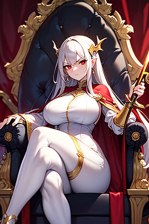 masterpiece, extra limbs, 1vampire lady, 250 years old,((light gold extra long hair)), slant blank ruby red eyes, big breasts, curvy,(pale white finely detailed skin), (serious),(((clothed sheath dress))),hair ornaments,earrings,cape,evil sword,crossed legs,sitting on throne,old castle,midnight 