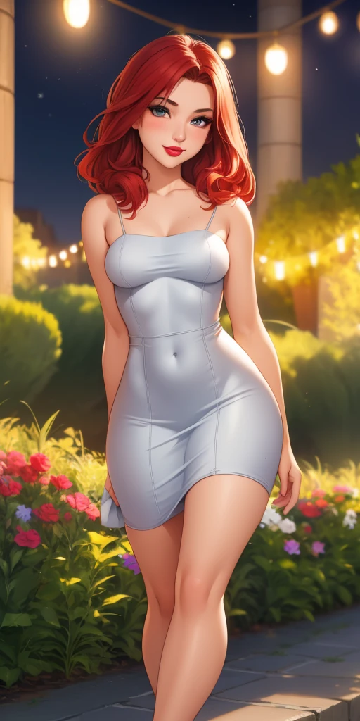 (best quality,4k,highres,masterpiece:1.2),ultra-detailed,realistic,photorealistic:1.37,portrait,dark background,brunette woman,21 years old,thin and small,elegant light gray dress,red hair,bright red lipstick,beautiful detailed eyes,beautiful detailed lips,high stocking,full body,garden in the night,soft lighting,serene atmosphere,vivid colors,bokeh