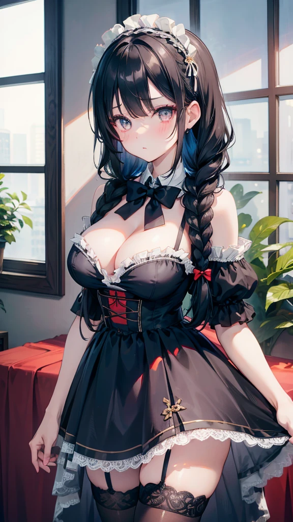 Black-haired girl,Indifferent girl,Golden pupils,Black long hair,braid,braid,脑后braid,ta skirt,Blue Loliress,Lolita s,蓝白Lolita skirt,Blue Dress,Blue Dress,Red bow tie,Red bow tie,Dark style,Repressive style,Garter stockings,Garter stockings,Garter stockings,Big breasts