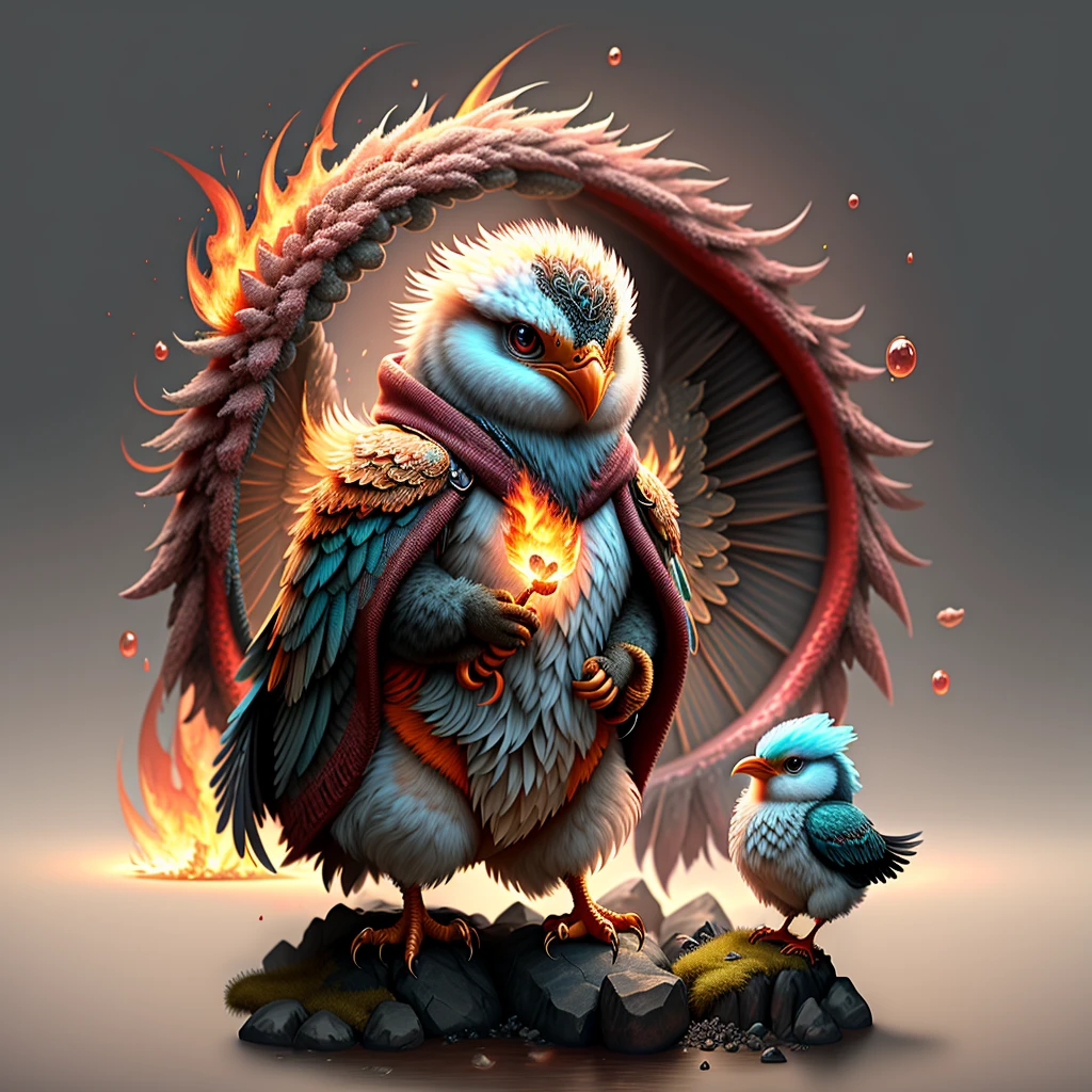 Superior image quality、"Create cute creature masterpieces with inspired, ultra-detailed concept art. Let your imagination come to life", ((Immortal birds))、(phoenix)、(fengxi), high detaild, in 8K、Superior image quality、Week、one is magic、The backdrop is the magic of fire