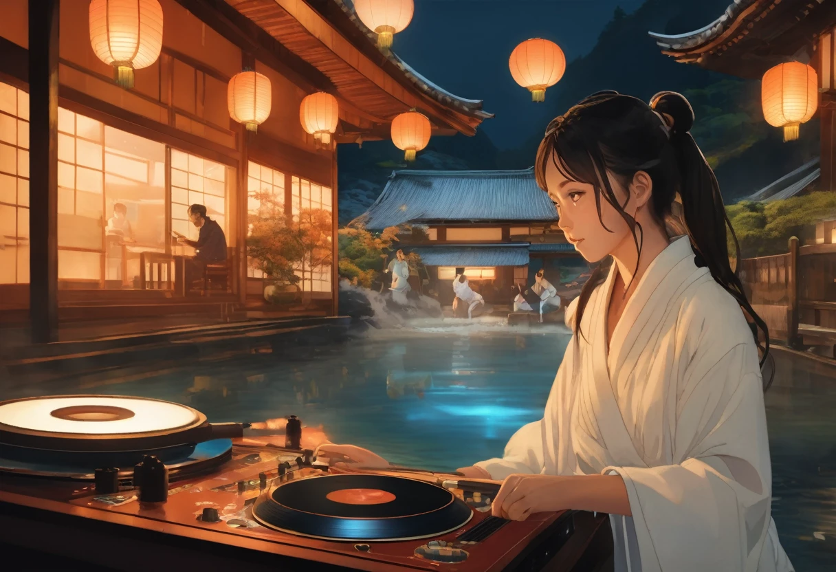 A vibrant onsen event set in a picturesque outdoor landscape with steam rising from the hot springs and lanterns casting a warm glow, where a girl with blue eyes and a cat by her side takes center stage as a DJ, spinning records and energizing the crowd with music, depicted in Dynamic Realism with a focus on capturing the lively energy and intricate details of the scene.