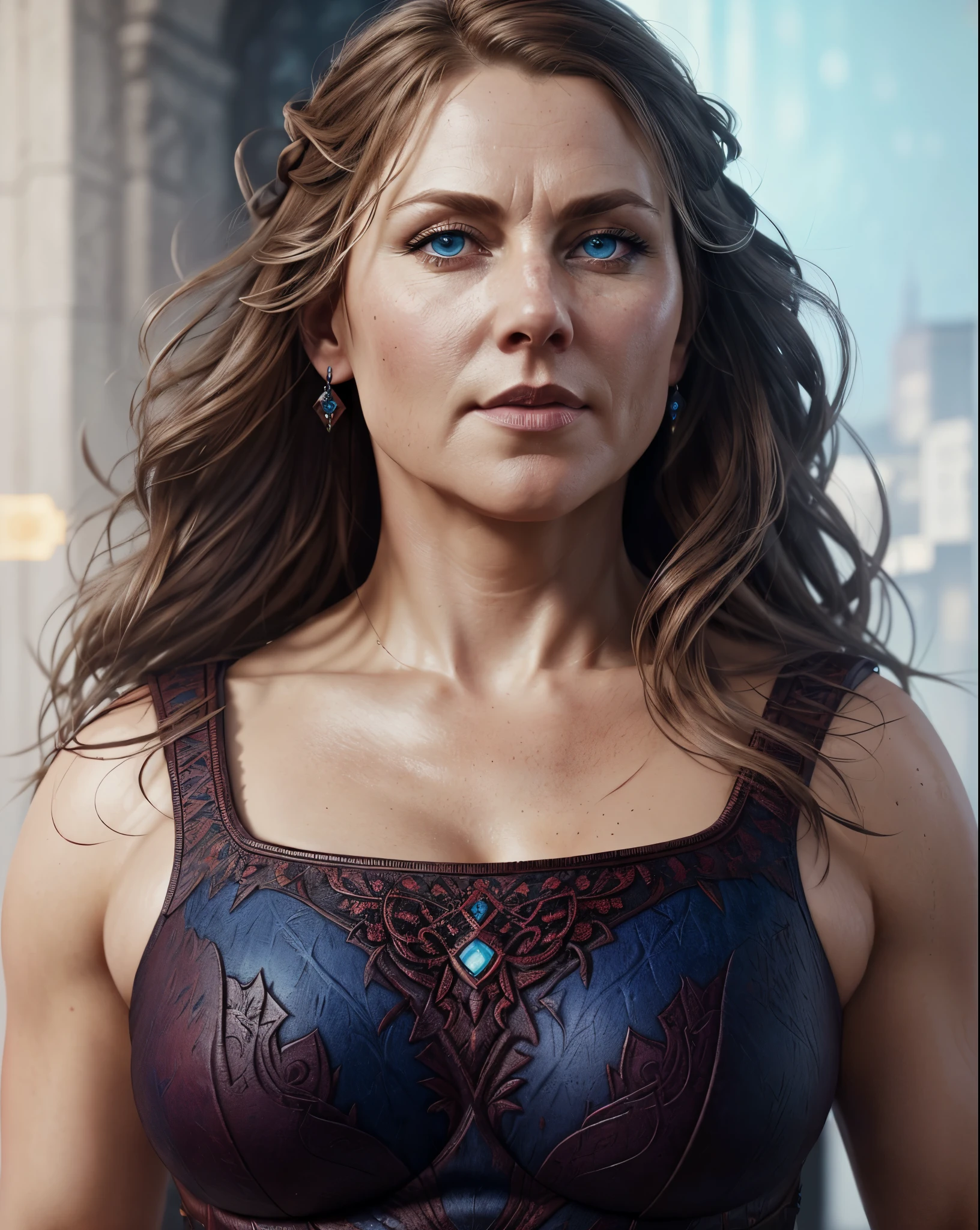 Full body Portrait of the Great Nordic Queen, a very gorgeous woman, 50 years old, thick healthy body, erotic warrior costumes, dark red styled fluffy hair, natural Blue eyes, a nose with a bump, an elongated chin, dressed in ancient national,
8k resolution, dynamic lighting hyperdetailed intricately detailed Splash art trending on Artstation triadic colors Unreal Engine 5 volumetric lighting, oil painting, heavy strokes