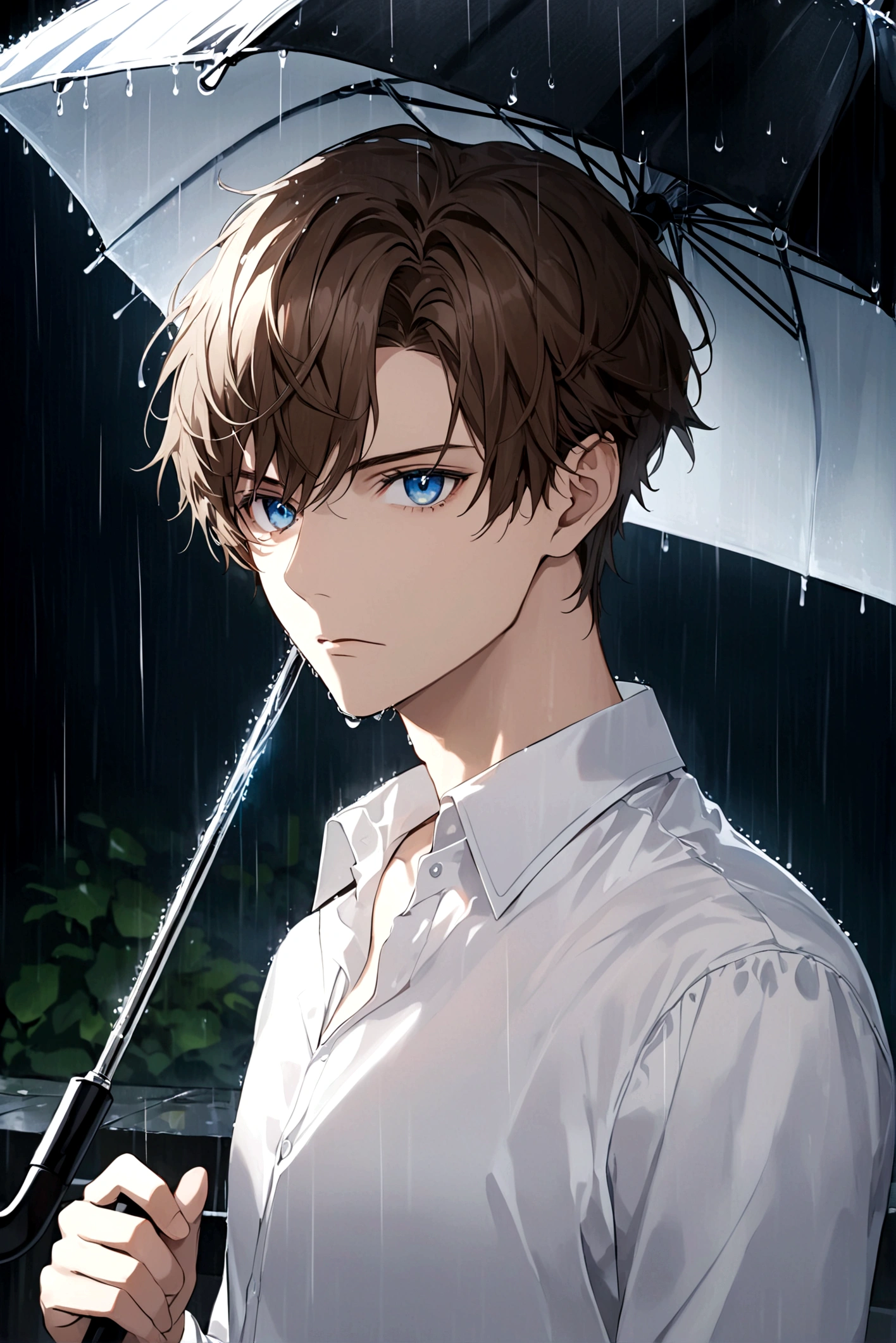 exquisite face,young man ,short brown hair,blue eyes ,White shirt, umbrella, rain, lightning, looking straight