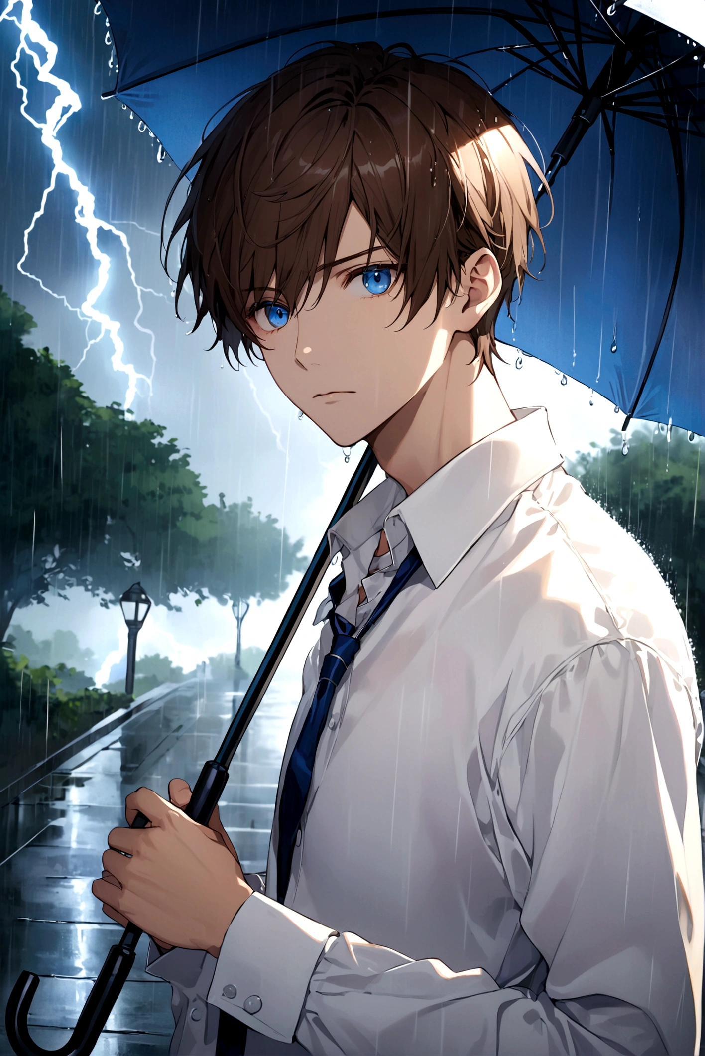 exquisite face,young man ,short brown hair,blue eyes ,White shirt, umbrella, rain, lightning, looking straight