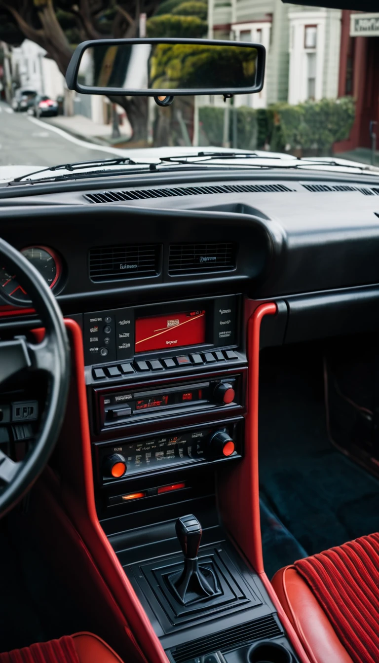 hyper realistic, Porch 944 turbo red, radio plan, car interior, driving through San Francisco, year 1986 Sony A7 II and 85mm f/1.8 GM lens