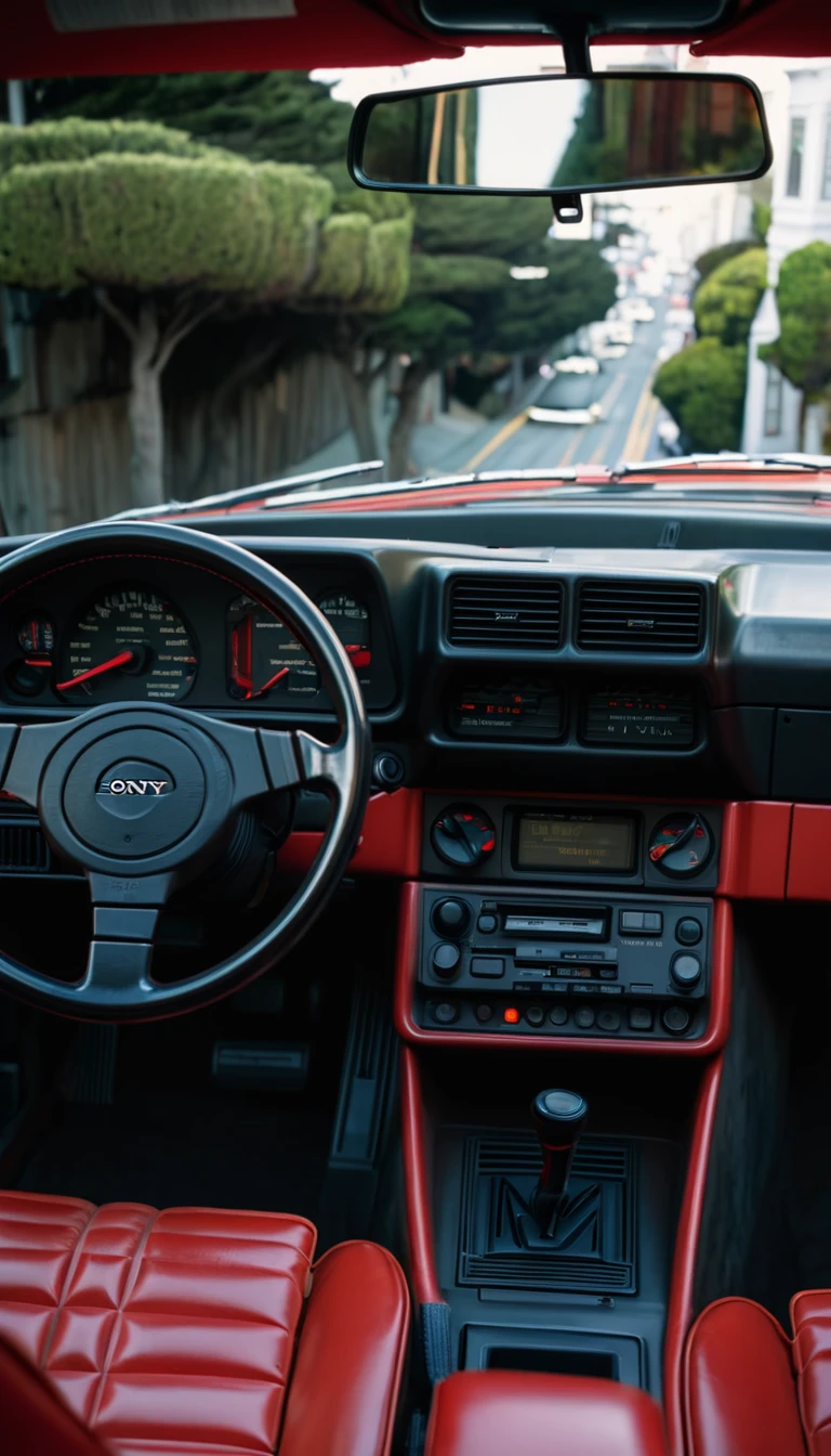 hyper realistic, Porch 944 turbo red, radio plan, car interior, driving through San Francisco, year 1986 Sony A7 II and 85mm f/1.8 GM lens