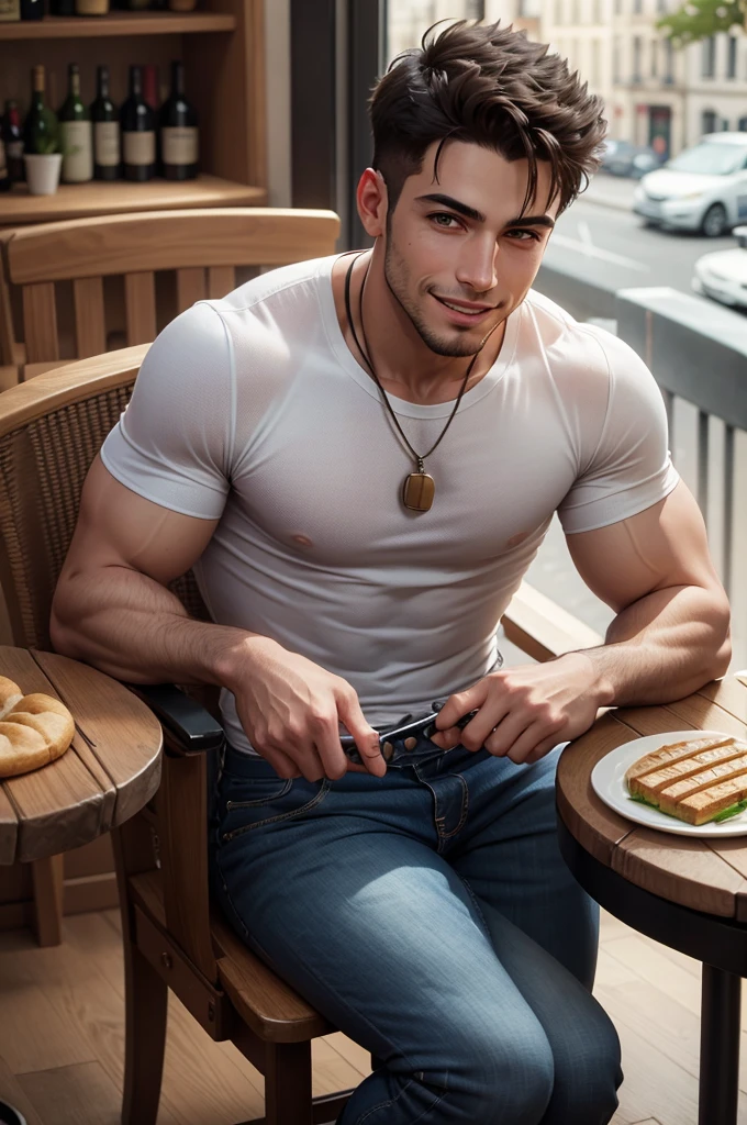 A handsome muscular young Brazilian man dressed in jeans and a t-shirt, holding and tasting a glass of wine comfortably and smiling, sitting at a small table in a beautiful bistro in Paris facing the River Seine and looking at the cityscape with a bottle of wine and a basket of bread next to it on the table