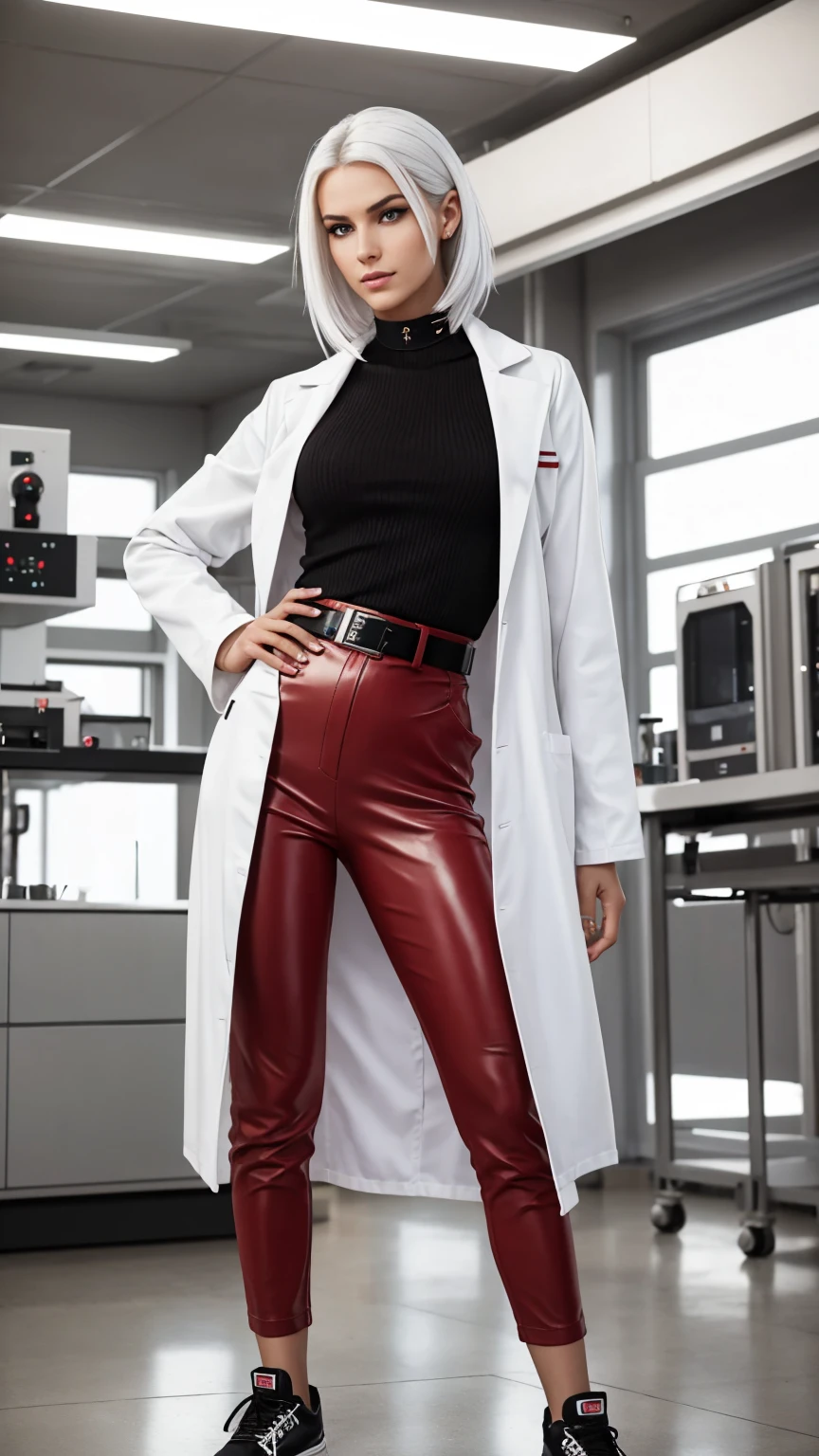 Seductive and confident look. Distant image. Labcoat. Long legs. Slim teenage european girl. Red leather trousers, sneakers. Vintage science laboratory. White hair, sidecut. Piercing. backlit, smirk, belt, backlit, perfect sultry make-up, cinematic, realistic, high contrast, visually rich,piercing eyes, strong eyeliner, mesmerizing eyes, elegant, graceful, natural beauty, charismatic, versatile, photogenic, very detailed