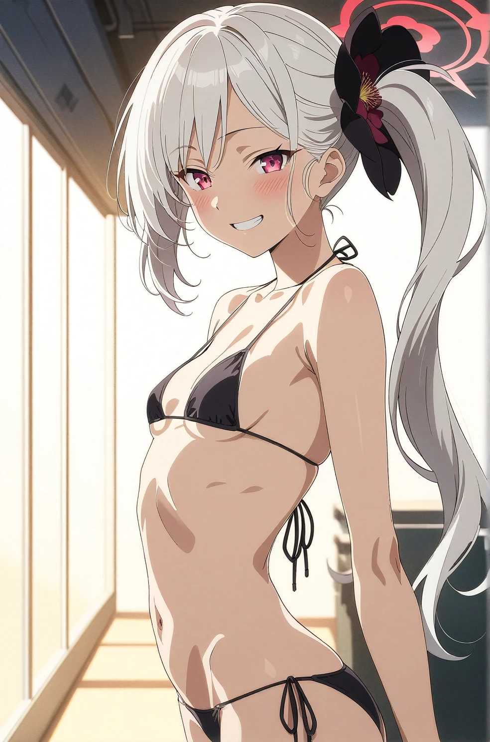 best quality, amazing quality, very aesthetic, absurdres, (1girl, mutsuki, blue archive, solo, red eyes, white hair, side ponytail), (realistic face:0.9),(string bikini:1.8),dress lift, (grin, blush, thigh:1.3), (cowboy shot), (glowing eyes), (half closed eyes:0.9), (from side:2), (official art:1.3), (pool), expressive eyes, perfect face, 4k, extremely detailed anime illustration, extremely detailed eyes, perfect anatomy, light rays, extremely delicate body, smooth skin, (school background:1.5), clear eyes, beautiful face, small breasts,(anime style:1.7), (Warm Light:1.5), (highres:2), 