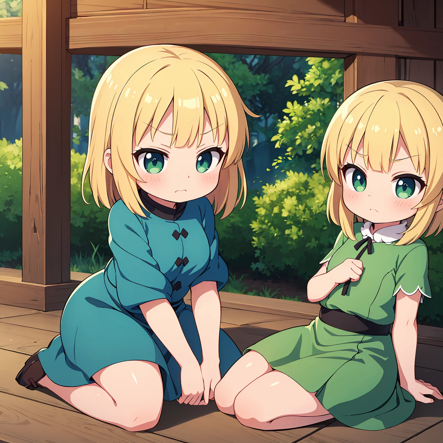 ((Highest quality)), ((masterpiece)), (detailed), Moriya  Suwako short hair middle breasts Nudity Cute face  Angry face 太もも　Blonde　Inner thighs　Kneeling　1 person　seiza