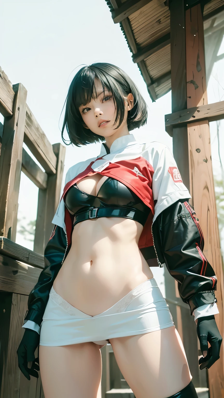masterpiece、Highest quality、8K、Very detailed、High resolution、Real、absolute: 1.2)、Contrast strength),(A woman stands on her toes with her legs apart: 1.5)、(),(Shot alone: 1.5)、(Beautiful woman in a reverse bunny uniform、Big red letters on the front of the jacket showing her underboobs「R」It is depicted:1.5)、(A woman with a very pretty face:1.4)、(The narrow eyes and cool face characteristic of Japanese people:1.4) )、(tights:1.2)、(Okappa Hair:1.4)、(Accurate hands:1.4)、(Woman's hand:1.2)、(Cowboy Shot:1.5)、(Looking down:1.5)、(20 Japanese women、Clothes that look good、Lower abdomen exposure、Abdominal muscles、Ultra mini skirt、黒レザー手袋See-through、Black Leather Long Boots、See-through:1.3)、(Secret Society Hideout)、(Camel Toe:1.3) )、(Upper body is thin:1.4)、(Big Breasts:1.4)、(Big butt、Thick thighs:1.4)、((If you look from below you can see her pussy:1.4))、(No underwear:1.6),(cum in pussy:1.4)