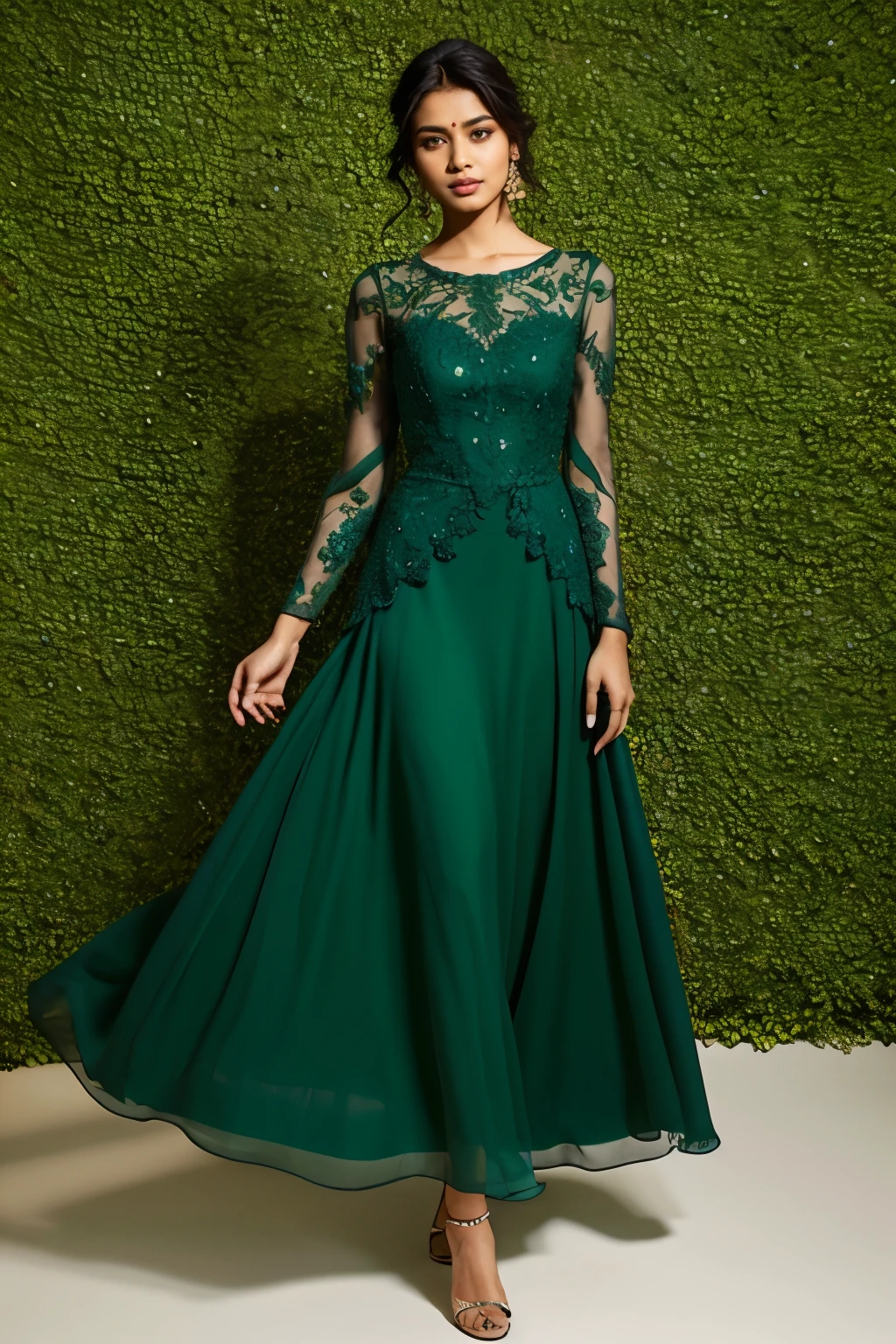 Indian woman in a green dress standing in front of a flowery background, Dark green dress, ornate dark green clothing, flowinggown, Green dress, dressed beautiful gown, Dark green tones, Dark green, an elegant green, beautiful flowing fabric, stunning elegant, extravagant dress, stunning elegant pose, elegant evening gowns!, flowy dress, graceful and elegant