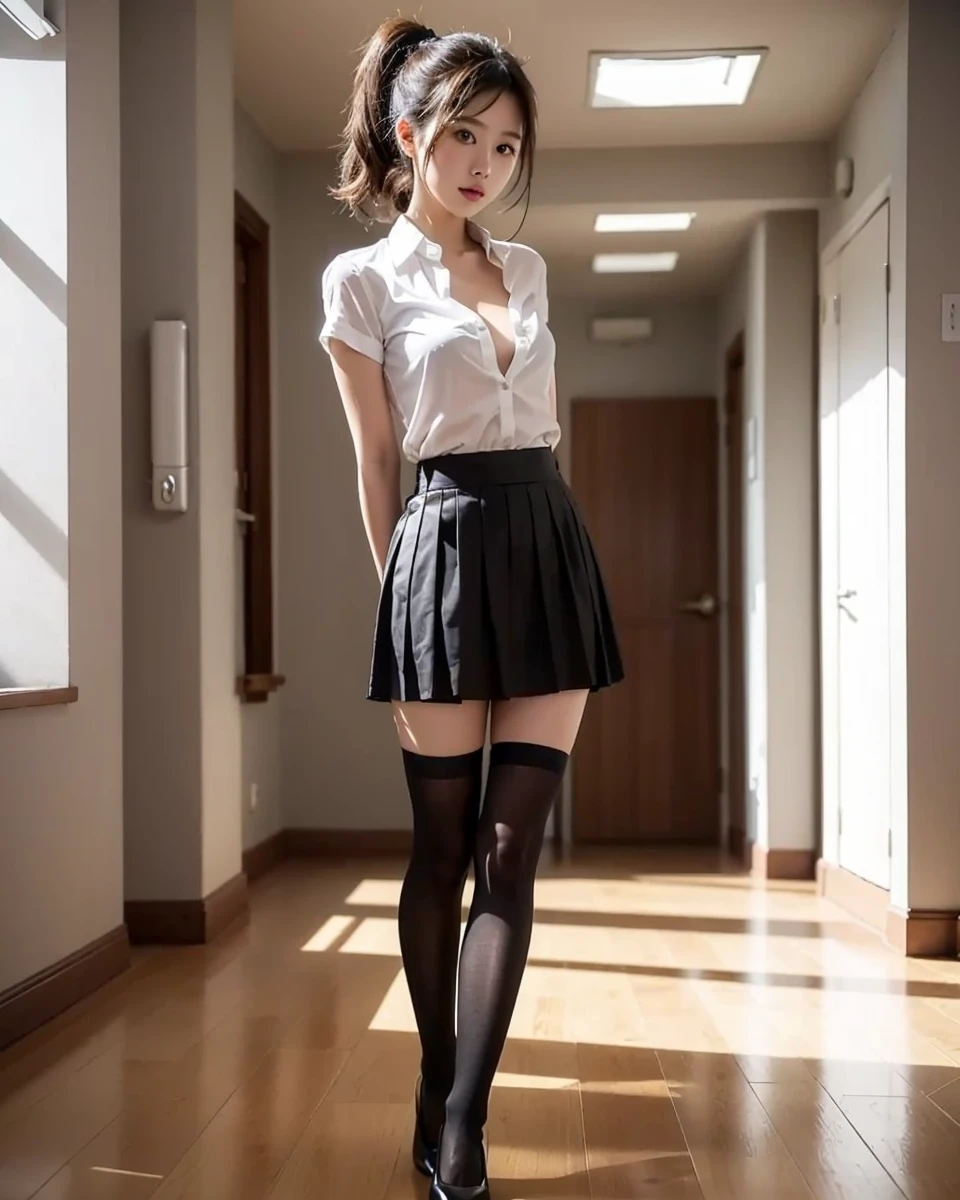 Beautiful Japanese Waifu, early 30s, brunette hair, white open shirt, black mini skirt, black stockings, in hallway
