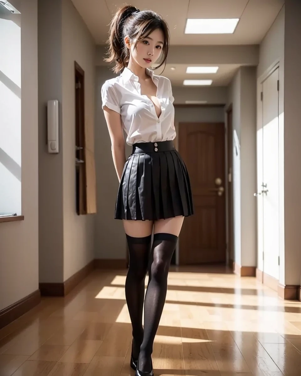 Beautiful Japanese Waifu, early 30s, brunette hair, white open shirt, black mini skirt, black stockings, in hallway