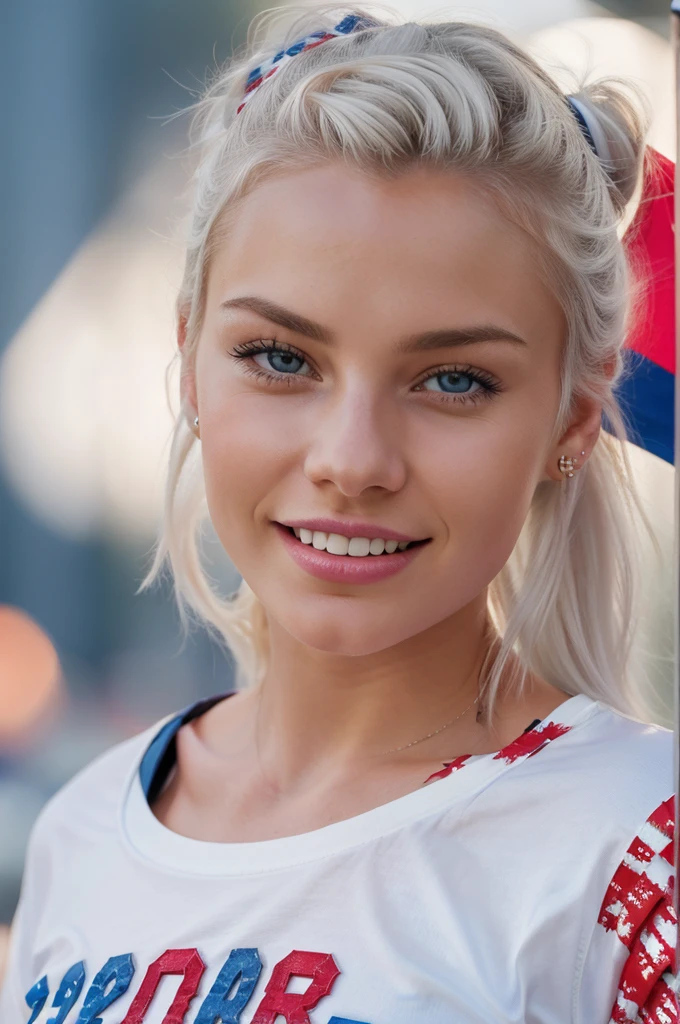 gorgeous, beautiful, 21 years old scandinavian, white hair in a bun, best photo ever, men magazine portrait, USA independence day theme, (((Happy 4th of July themed shirt on))), america colors, using america's flag as her shirt, beautiful smile, perfect teeth, seductive, flirty, full body photo, america flag background, smiling, detailed skin, realistic, photo-realistic, 8k sharp focus, highly detailed, full length frame, High detail RAW color art, piercing, diffused soft lighting, shallow depth of field, sharp focus, hyperrealism, cinematic lighting
