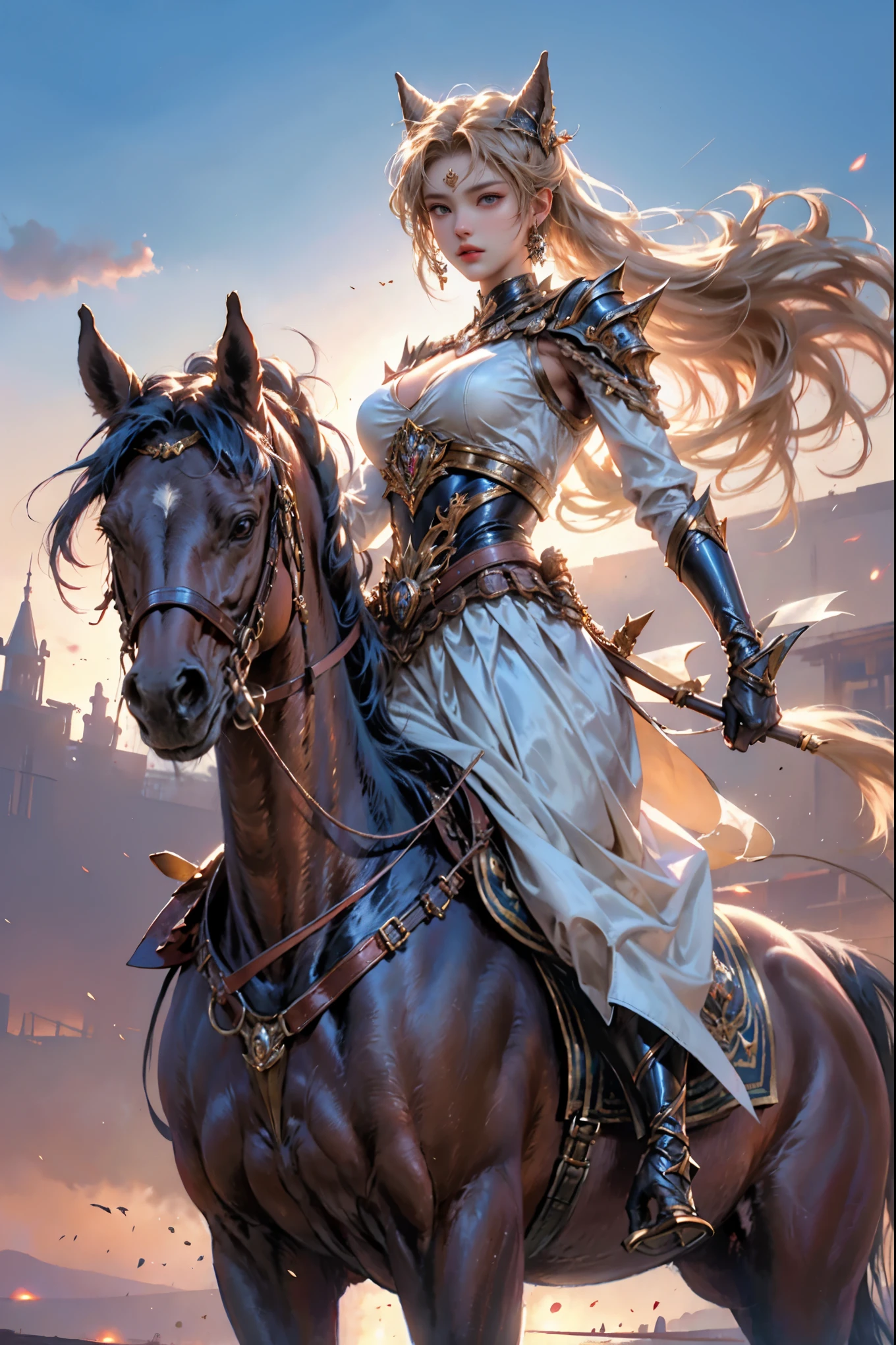 fierce female warrior on horseback, wide angle shot, scenic background, high detail, epic, realistic, cinematic lighting, dynamic composition, by top fantasy artists, 4k resolution, masterpiece digital painting, photodromm, erotic, large breasts, hyperrealistic art, extremely high-resolution details, photographic, realism pushed to extreme, fine texture, incredibly lifelike
