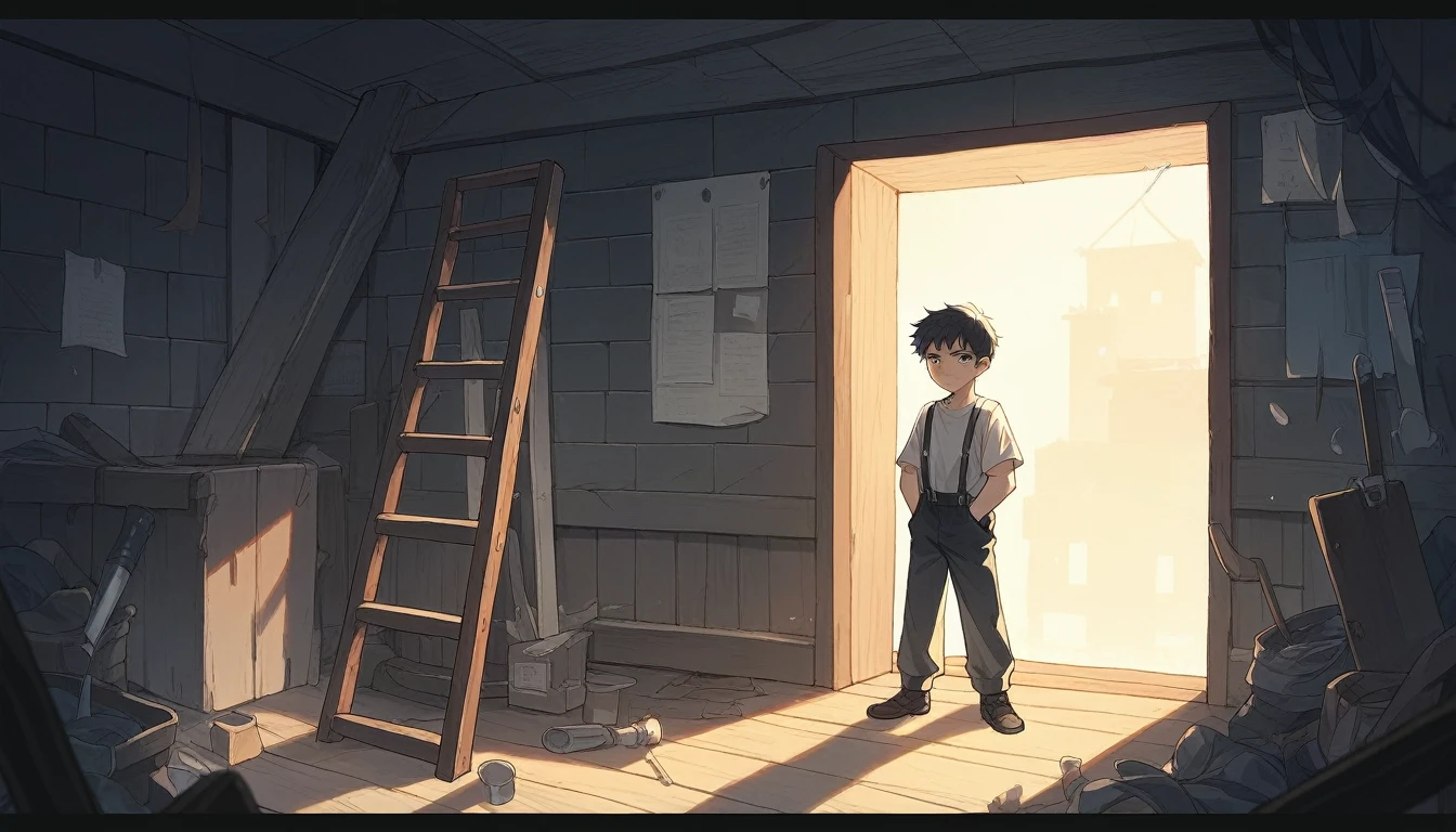 A young poor boy of  stands in a dimly lit, rustic room with wooden and brick walls. They have a serious expression and are wearing a loose beige shirt with suspenders. Moonlight streams through a dusty window, illuminating their face. In the background, there are tools, a workbench, a ladder, and other workshop items, night time, dark theme