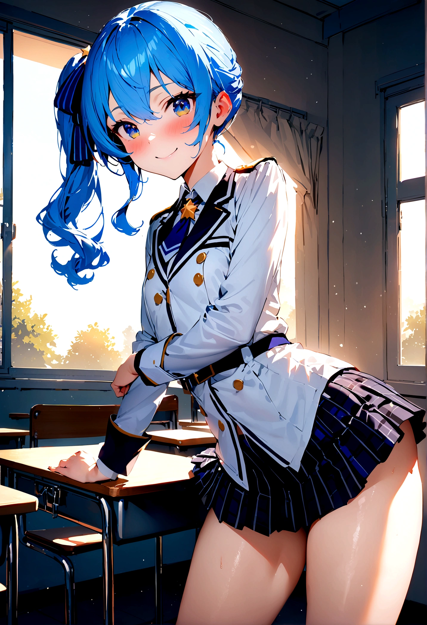 NSFW,masterpiece,Highest quality,High resolution,Super detailed,Star Town Suisei\(Hololive\),Blue Hair,One Side Ponytail,Blue Eyes,uniform,shirt,ribbon,mini skirt,Small breasts,School,classroom,smile